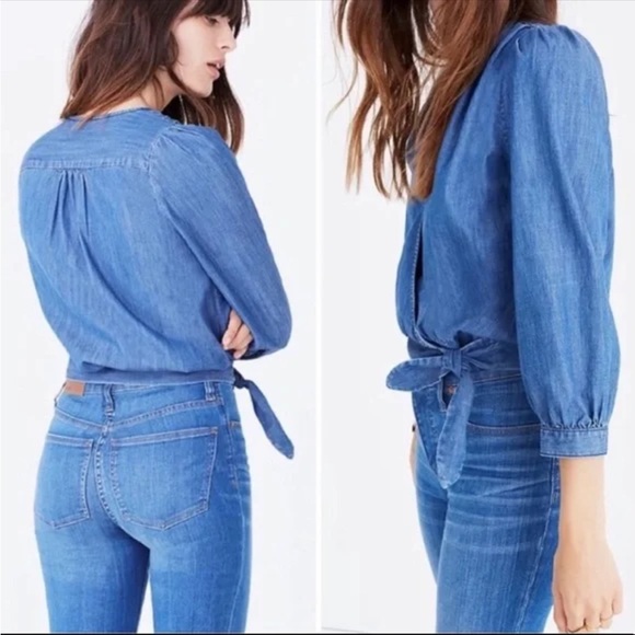 Madewell Denim Wrap Top in Blue Chambray Sz L - Picture 4 of 10